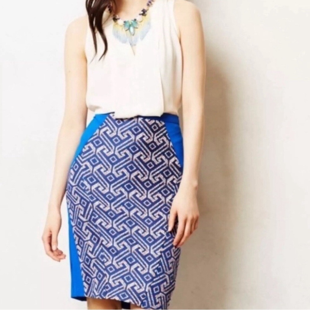Eva Franco Blue Multicolor Geometric Midi Skirt - Sz 8//10. Vibrant, Chic!